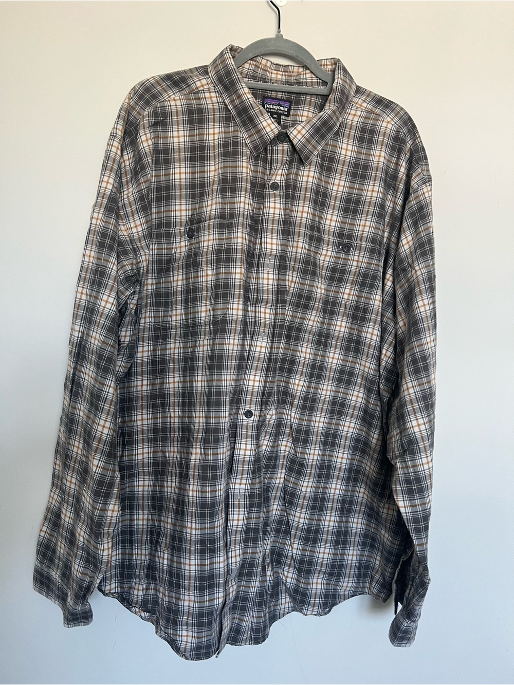 Patagonia Long Sleeve Organic Cotton Gray White Plaid Button Shirt Worn Wear 2XL